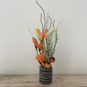 Faux Floral Fall Acorn Arrangement in Handmade Wooden Ring Vase Autumn Decor